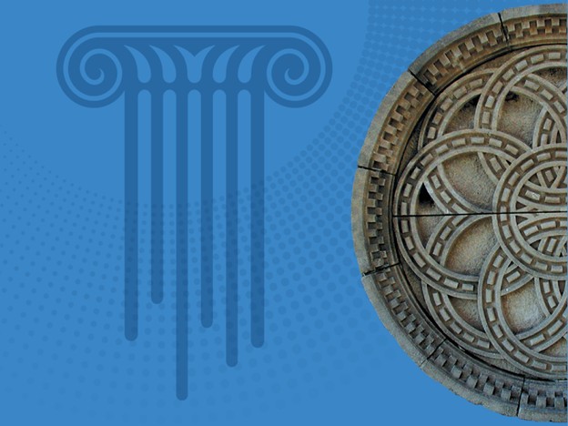 Graphic of a Corinthian column and a stone rosette design.