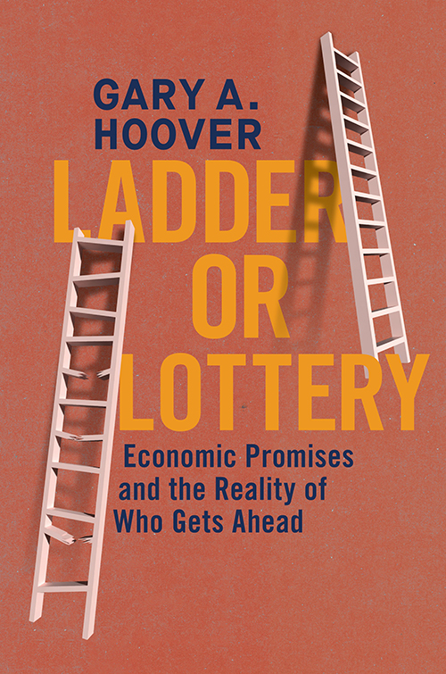 Book cover for "Ladder or Lottery" by Gary A. Hoover, featuring two ladders against an orange background.
