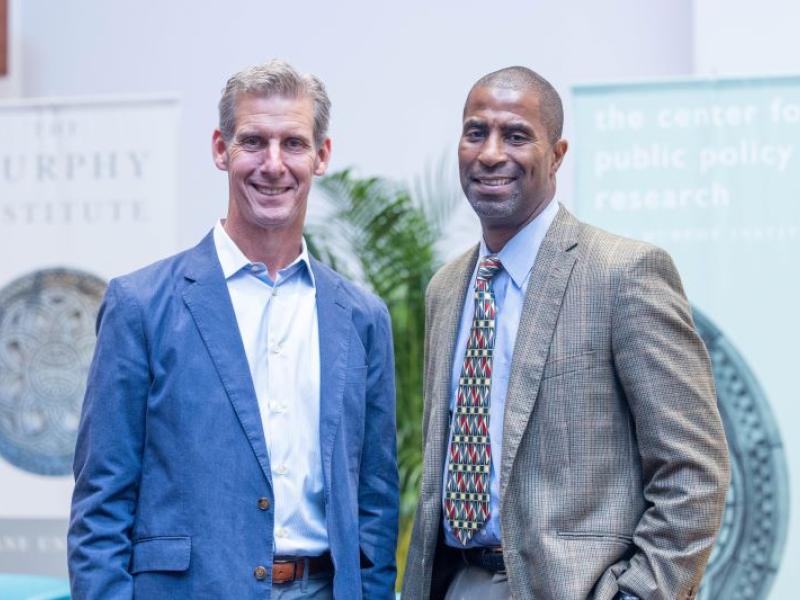 Kai Ryssdal and Gary Hoover at the 2023 Yates Lecture at Tulane University