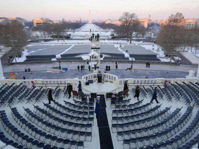 Members of the U.S. miliraty on stage during a rehearsal of the inauguration