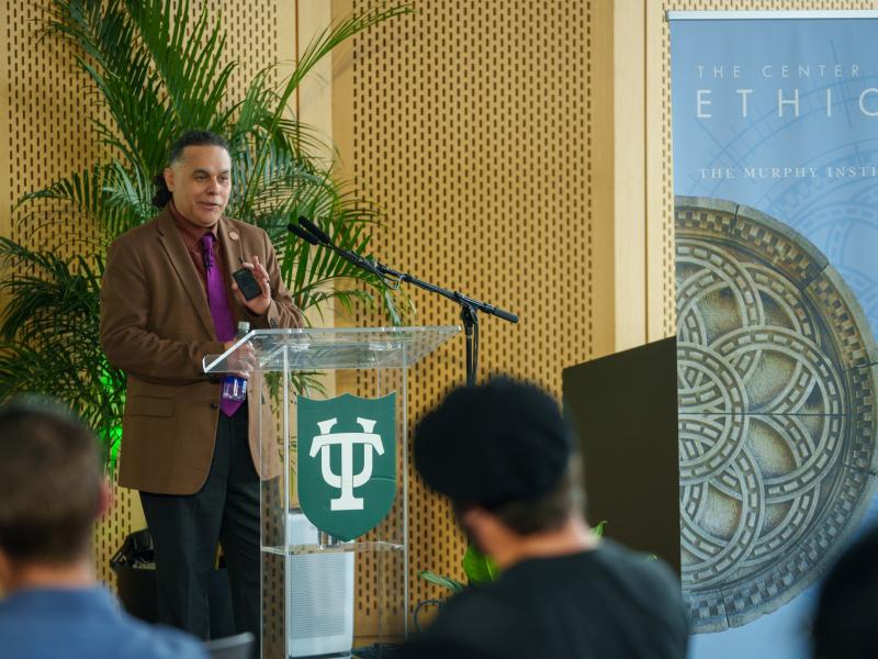 Center for Ethics Public Lecture Speaker Fabio Rojas Speaks at Podium