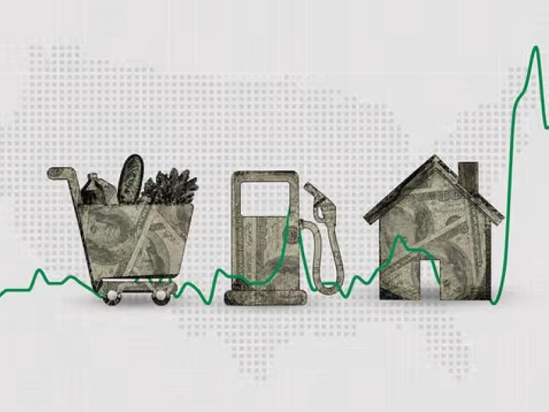 graphic of inflation rate rising with icon of groceries, gas, and housing