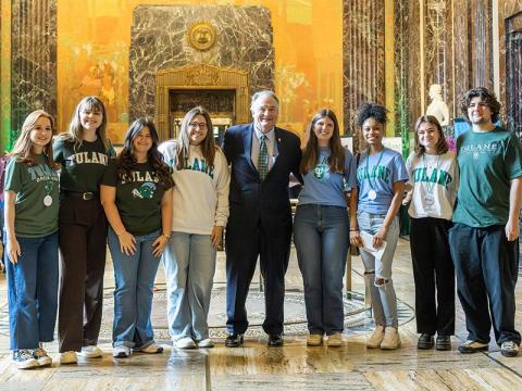 Tulane President Mike Fitts with students at the Louisiana State Capitol in Baton Rouge