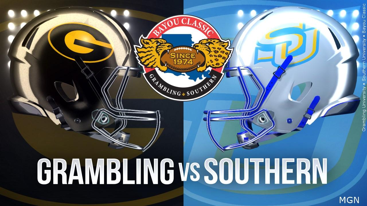 Grambling and Southern University football helmets with Bayou Classic logo 