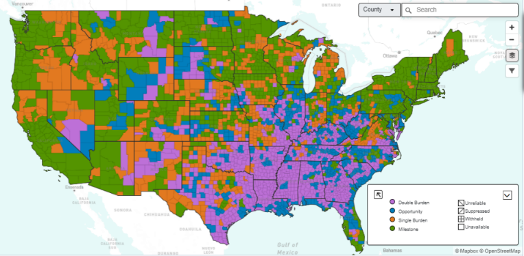 colore coded map showing data on maternal mortality rates in the U.S.