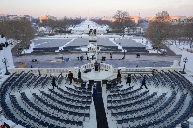 Members of the U.S. miliraty on stage during a rehearsal of the inauguration