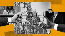 Hands reaching across photo graphic of powerlines