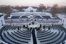 Members of the U.S. miliraty on stage during a rehearsal of the inauguration