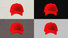 Four red baseball caps on different colored backgrounds.