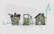 graphic of inflation rate rising with icon of groceries, gas, and housing