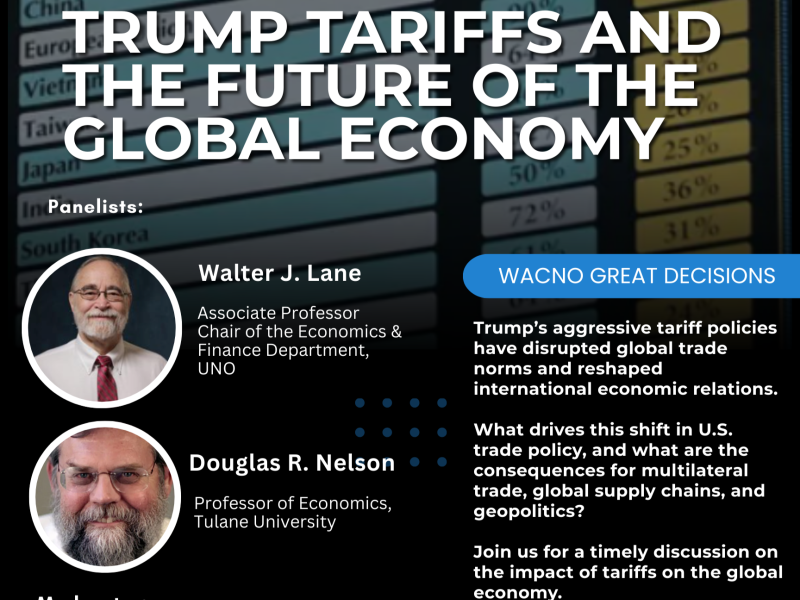 Graphic: Trump Tariffs and the Future of the Global Economy with speaker photos and text.