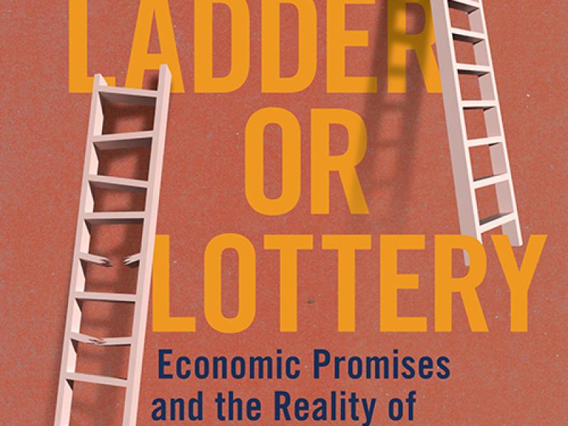 Book cover for "Ladder or Lottery" by Gary A. Hoover, featuring two ladders against an orange background.